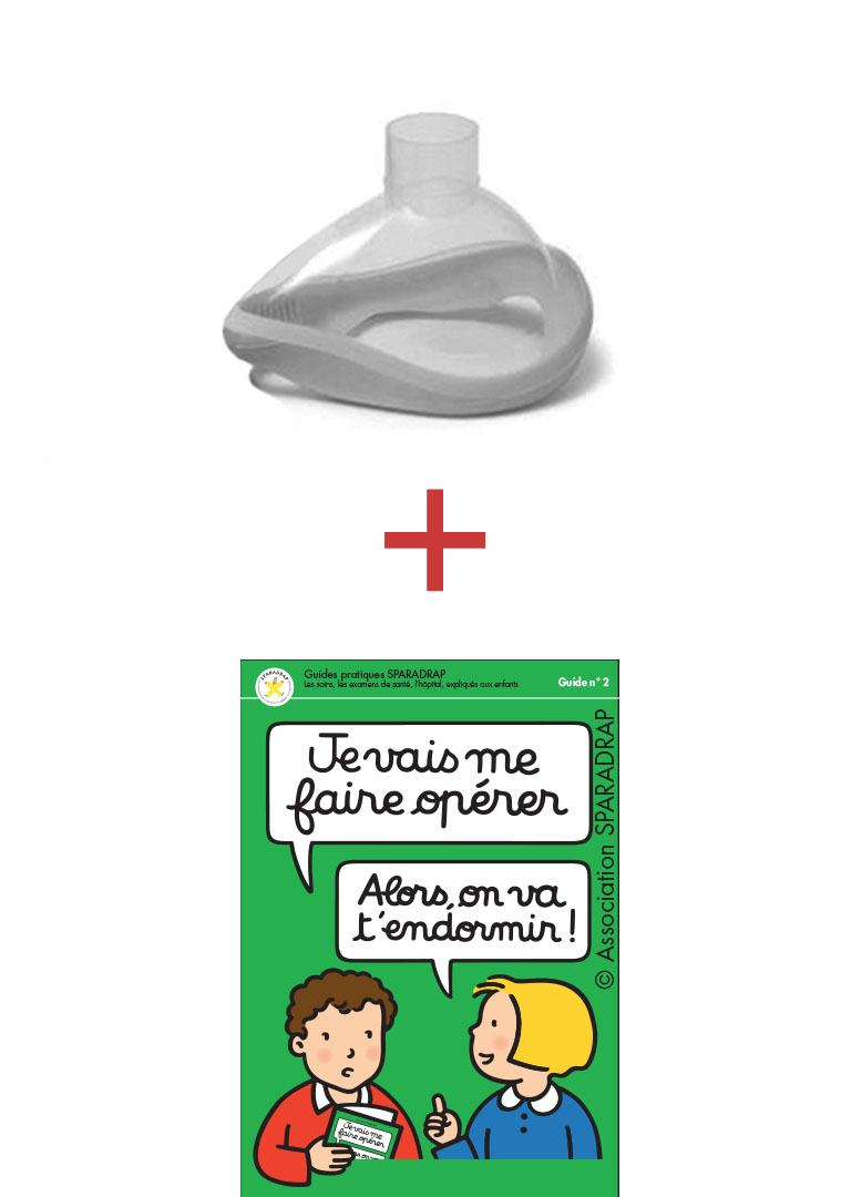 Photo d'un masque d'anesthésie + couverture du guide "Je vais me faire opérer… Alors on va t'endormir !""
