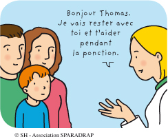 Le medecin dit au garçon : &quot; Bonjour Thomas, je vais rester avec toi et t'aider pendant la ponction &quot;