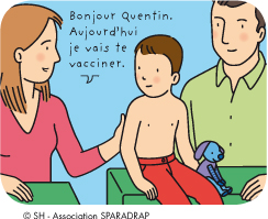 Le médecin dit au garçon :"Bonjour Quentin. Aujourd'hui je vais te vacciner."