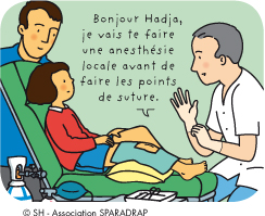 Le médecin explique à Hadja qu'il va lui faire une anesthésie locale avant de faire des points de suture