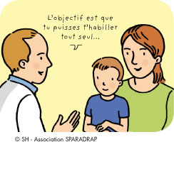Un médecin dit à une fille : "Le but du traitement est de t'aider à poser les talons au sol pour mieux marcher".