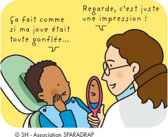 Le garçon dit &quot; ça fait comme si ma joue était toute gonflée &quot;. Le dentiste lui répond &quot; regarde, c'est juste une impression &quot;.