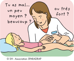Une infirmière qui demande à un enfant de lui dire "combien" en lui posant des questions.