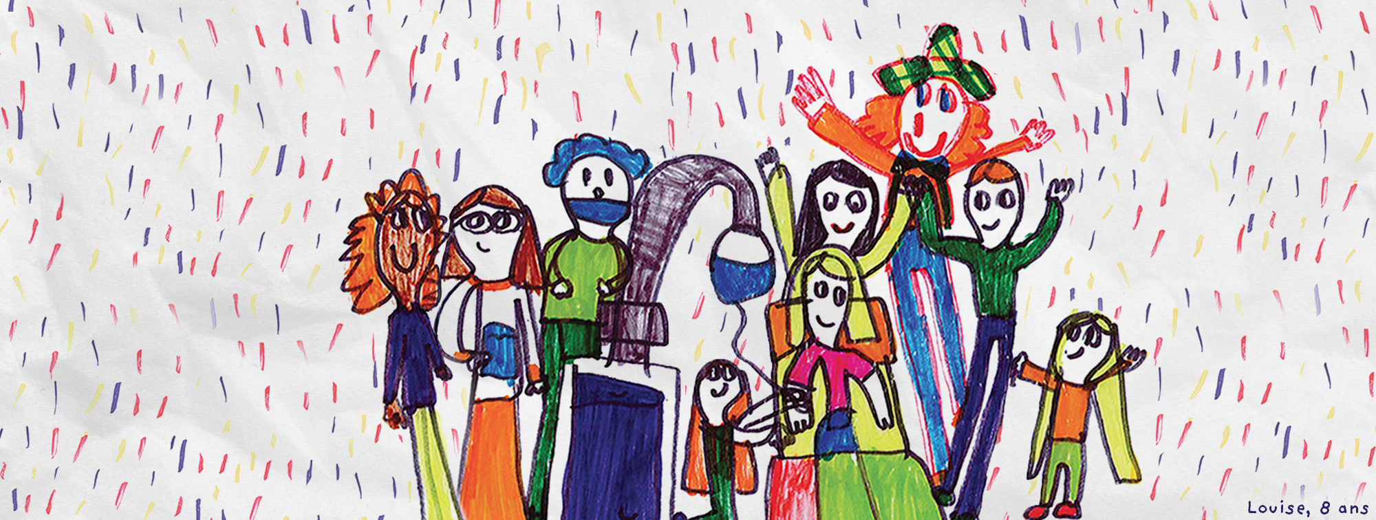 Dessin de Louise, 8 ans représentant sa famille et ses amis auprès d'elle à l'hôpital