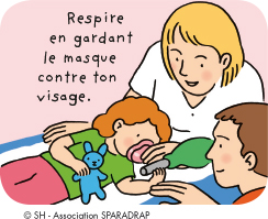 L'infirmière fait respirer l'enfant dans un masque. Elle lui dit : " Respire en gardant le masque contre ton visage. "