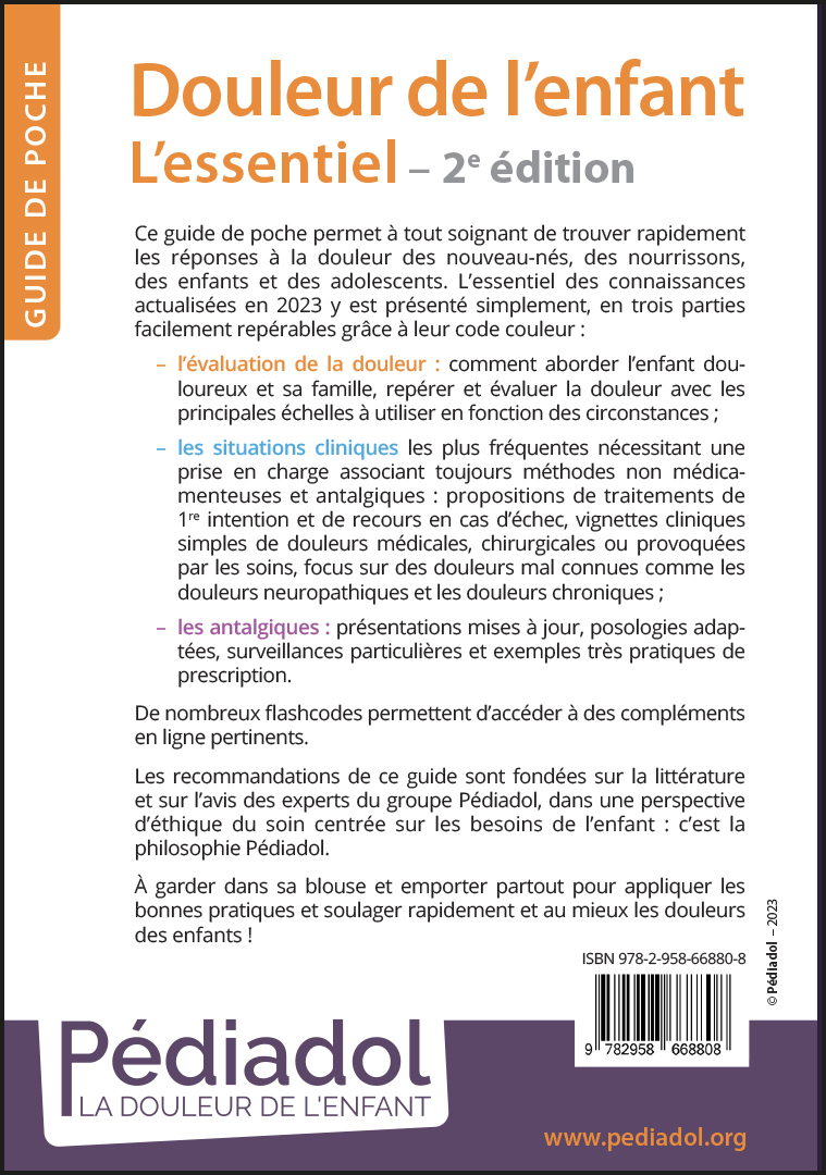 Dos de couverture du guide Pédiadol "Douleur de l'enfant : l'essentiel" - deuxième édition