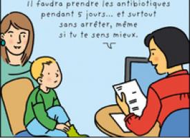 Un médecin explique à un enfant qu'il doit prendre tous ses antibiotiques