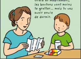 Une maman lit la notice du médicament que va prendre son fils qui a la varicelle : "Grâce au médicament les boutons vont moins te gratter mais tu auras envie de dormir…"