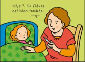 Une maman est assise à côté du lit de sa fille qui est malade. Elle regarde un thermomètre et dit : " 37,5 °. Ta fièvre est bien tombée."