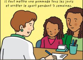 Un médecin écrit son ordonnance et parle à une maman et sa fille : " Il faut mettre de la pommade tous les jours et arrêter le sport endant 3 semaines."