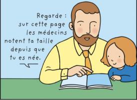 Un enfant qui regarde son carnet de santé en compagnie d'un adulte