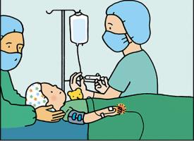 Infirmier anesthésiste qui fait une perfusion à un enfant au bloc opératoire