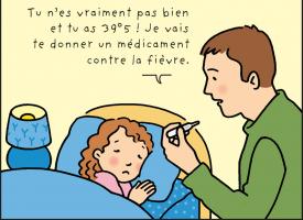 Un enfant malade alité et son parent qui regarde le thermomètre