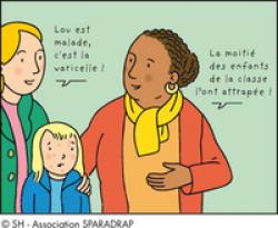 Une maman et une institutrice discutent: "Lou est malade, c'est la varicelle !" "La moitié des enfants de la classe l'ont attrapée !"